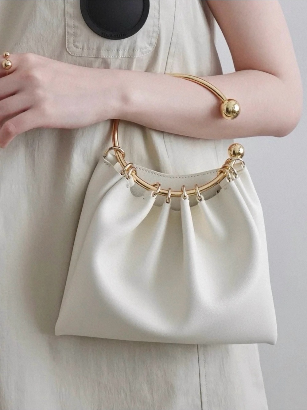 Beige Cream Wristlet Clutch with Gold Ring Handle